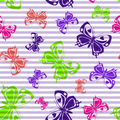Flying butterfly silhouettes over striped background vector seamless pattern.