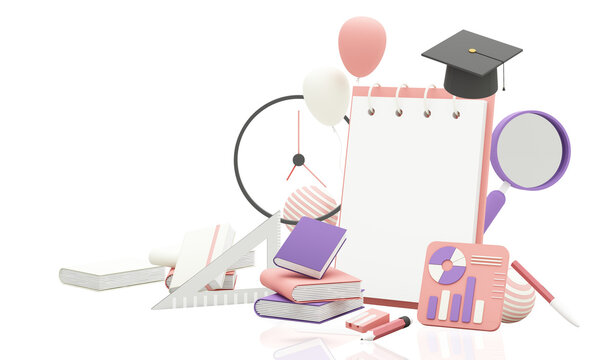 learning concept with white paper on board surrounded by Graduate cap, open books, balloon, Ruler,statistical graph, pencil and magnifying glass on pink and purple background 3d render PSD
