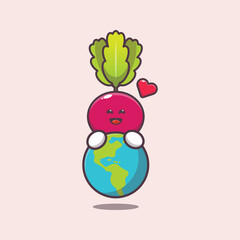 Fototapeta na wymiar Cute radish hugging earth. Cute vegetable icon vector illustration.