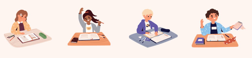 Set of children sitting on the lesson at school. Boys and girls are back to school. Pupils writing and reading. Back to school concept. Collection of students. Flat vector illustration.