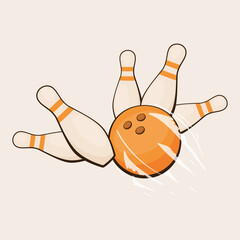 An orange bowling ball breaks the pins. Vector sports logo, badge