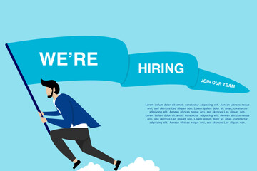 job vacancy concept, running man carrying job vacancy flag, vector template for website, banner, flyer, poster and printing