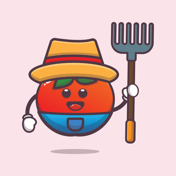 Farmer tomato character cartoon illustration. Cute vegetable icon vector illustration.