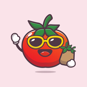 Cute tomato with shopping bag. Cute vegetable icon vector illustration.