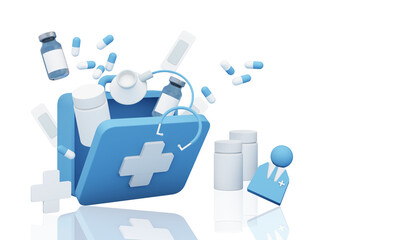 Simple open blue first aid kit with medicines for drugstore category Includes wound bandage, pill box, stethoscope, and vaccine with and lots of pills and capsules. on blue 3d render PSD