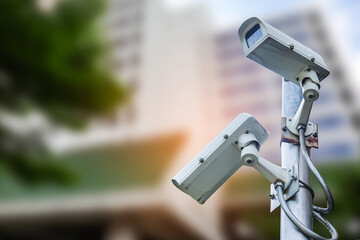 CCTV Closed circuit camera, TV monitoring at modern office building construction, security system concept.
