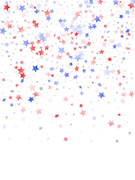 Flying red blue white star sparkles on white vector american patriotic background.
