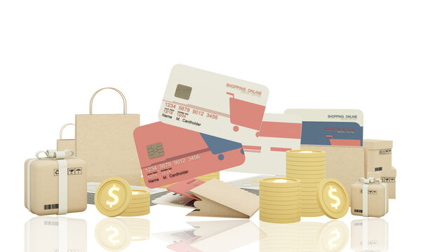 Close Up Of Shopping Online Design On Credit Card, Levitating Template Mockup Bank Credit Card With Online Service Isolated On Pink Background, Digital Coin, Wallet, Copy Space 3d Rendering PSD