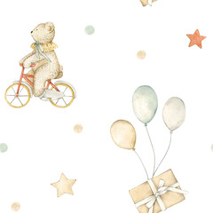 Watercolor seamless pattern with stars, toy bear, bicycle, dots, balloons and gift box. Isolated on white background. Hand drawn clipart. Perfect for card, tags, fabric, printing, wrapping.