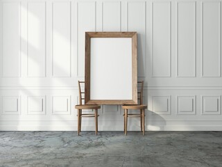 Vertical wooden Frame Mockup standing on the two wooden chairs in white  room, 3d rendering