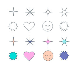 set of icons in retro style with thin strokes with stars and emoticons in the white background
