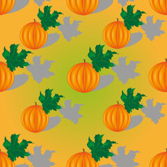Seamless pattern with pumpkins with beautiful green leaf on gradient background with shadows. Vegetable 3d background with gourd. Vector illustration with melon ethiopian.