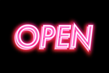 Red open text neon sign symbol on black background 