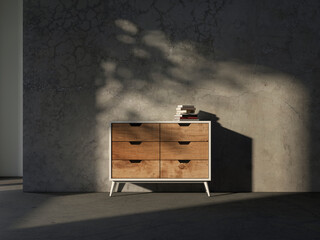 Wooden chest dresser mockup in empty living room, 3d rendering