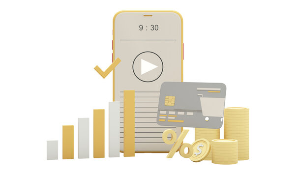 Video content marketing cartoon design concept for make money with video with gold coin, chart bar, credit card, on blue background. realistic 3d render