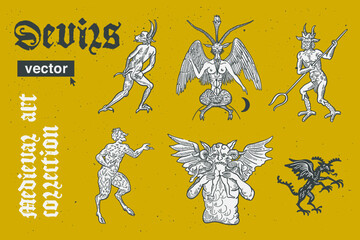 Devils collection vector engraving style illustration. Medieval art with blackletter calligraphy.