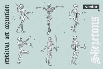 Skeletons collection vector engraving style illustration. Medieval art with blackletter calligraphy.