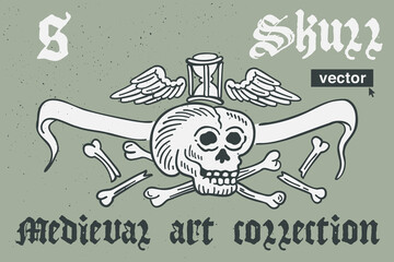 Skull and ribbon vector engraving style illustration. Medieval art with blackletter calligraphy.