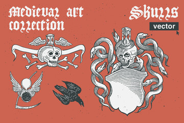 Skulls and design elements vector engraving style illustration. Medieval art with blackletter calligraphy.