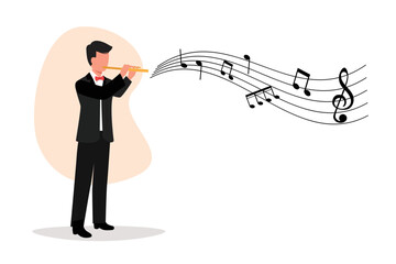 Business flat drawing male musician playing flute, standing in suit. Flutist performing classical music on wind instrument. Solo performance of talented flautist. Cartoon design vector illustration © onetime