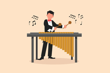 Business flat cartoon style draw man percussion player character play marimba. Young male musician playing traditional Mexican marimba instrument at music festival. Graphic design vector illustration