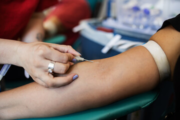 Fototapeta na wymiar Patient donating blood at hospital.