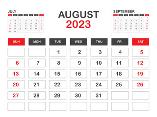 Calendar 2023 template minimal style, August 2023 template, Desk calendar 2023 year, Wall calendar, Week starts on sunday, Planner, Printing media, poster, advertisement, Red background vector