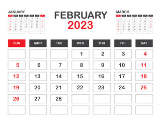 Calendar 2023 template minimal style, February 2023 template, Desk calendar 2023 year, Wall calendar, Week starts on sunday, Planner, Printing media, poster, advertisement, Red background vector