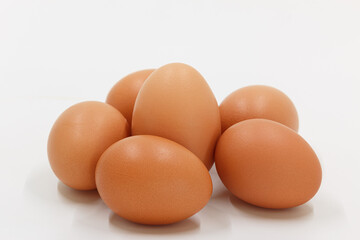 Six chicken egg raw on a white background.