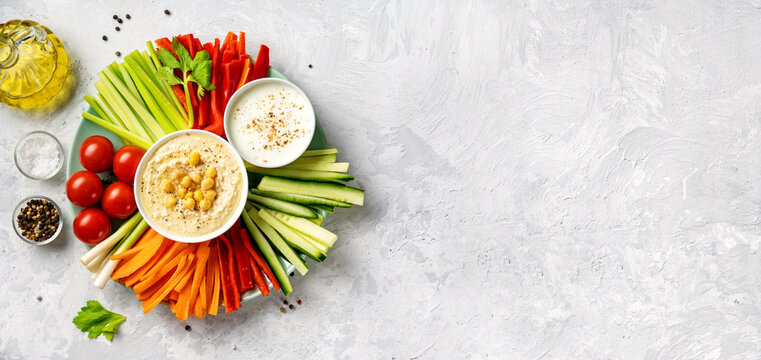 Top view of platter with healthy raw vegetable sticks