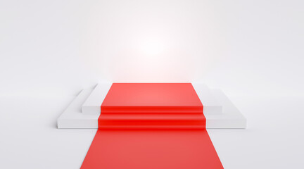 White square podium, red carpet on white stairs. stage for the award ceremony, the award stage, the concept of success, victory. Awards ceremony, realistic background. 3D rendering illustration