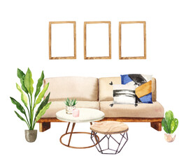 Watercolour hand painted home living room interior furniture illustration isolated on white background. Hand drawn contemporary interior clip art