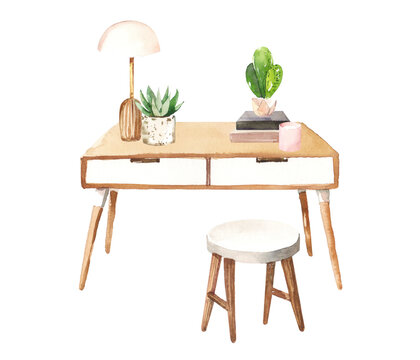 Hand Painted Home Office Table, Chair And Plants Workplace Interior Illustration Isolated On White Background. Hand Drawn Contemporary Interior Clipart 