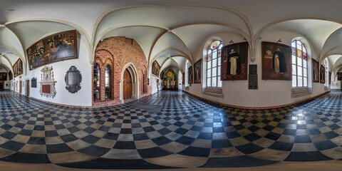 Full spherical seamless hdri panorama 360 degrees in corridor of hall with arches and columns in...