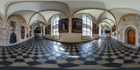 Full spherical seamless hdri panorama 360 degrees in corridor of hall with arches and columns in...