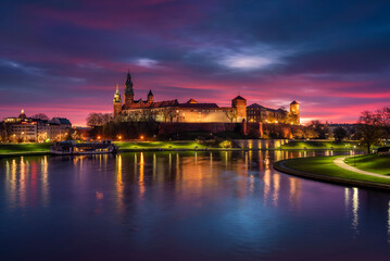 Krakow, Poland. View of the Wawel and the Vistula River at sunrise. Widok na Wawel i rzekę Wisłę o wschodzie słońca.