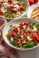 Two person meal. Tasty dried tomatoes salad with fresh vegetables mix and mozzarella cheese