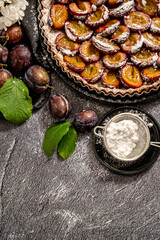Homemade delicious plum tart with with sugar powder placed on the table