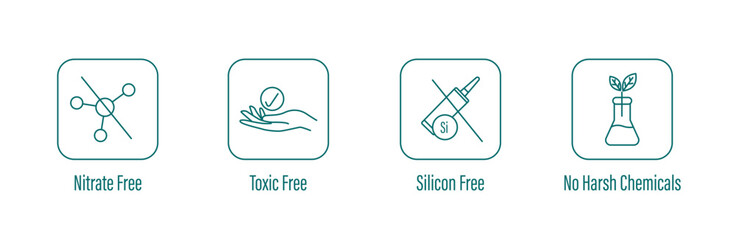 nitrate free, toxic free, silicon free, no harsh chemicals icons vector illustration 