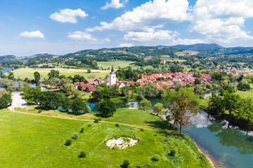 Kostanjevica na Krki Medieval Town Surrounded by Krka River, Slovenia, Europe. Aerial view.
