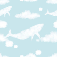 Seamless Fluffy cloud in whale shape flying up to Sky on blue transparent background,Vector 3D cute cartoon pattern nature sky  flying for kids © Anchalee