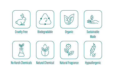 cruelty free, biodegradable, organic, sustainable made, no harsh chemicals, natural chemical, natural fragrance, hypoallergenic icon set vector illustration 