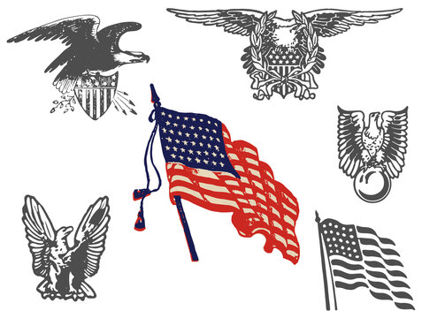 American flag various, with eagle. Symbol of America. Stars and stripes. 