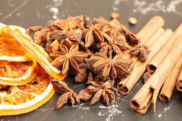 Cinnamon sticks,dried oranges and anise star
