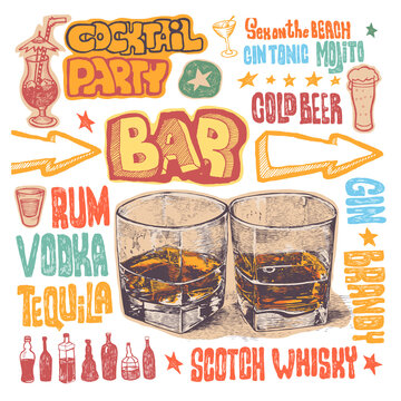 Retro design with bar symbols set. Isolated hand drawn design elements without background, PNG.