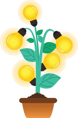 Tree with leaves and lightbulbs, idea plant isolated icon.