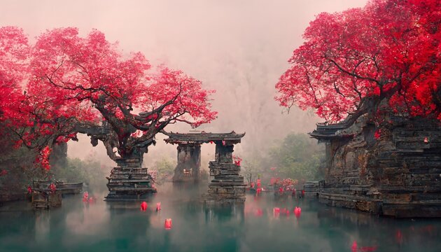 Japanese Landscape With Maple Tree Ans Shinto Shrine