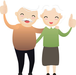 Old woman caring for elderly old man with walking stick and showing thumbs up.