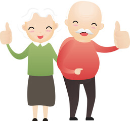 Old woman caring for elderly old man with walking stick and showing thumbs up.