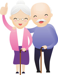 Old woman caring for elderly old man with walking stick and showing thumbs up.